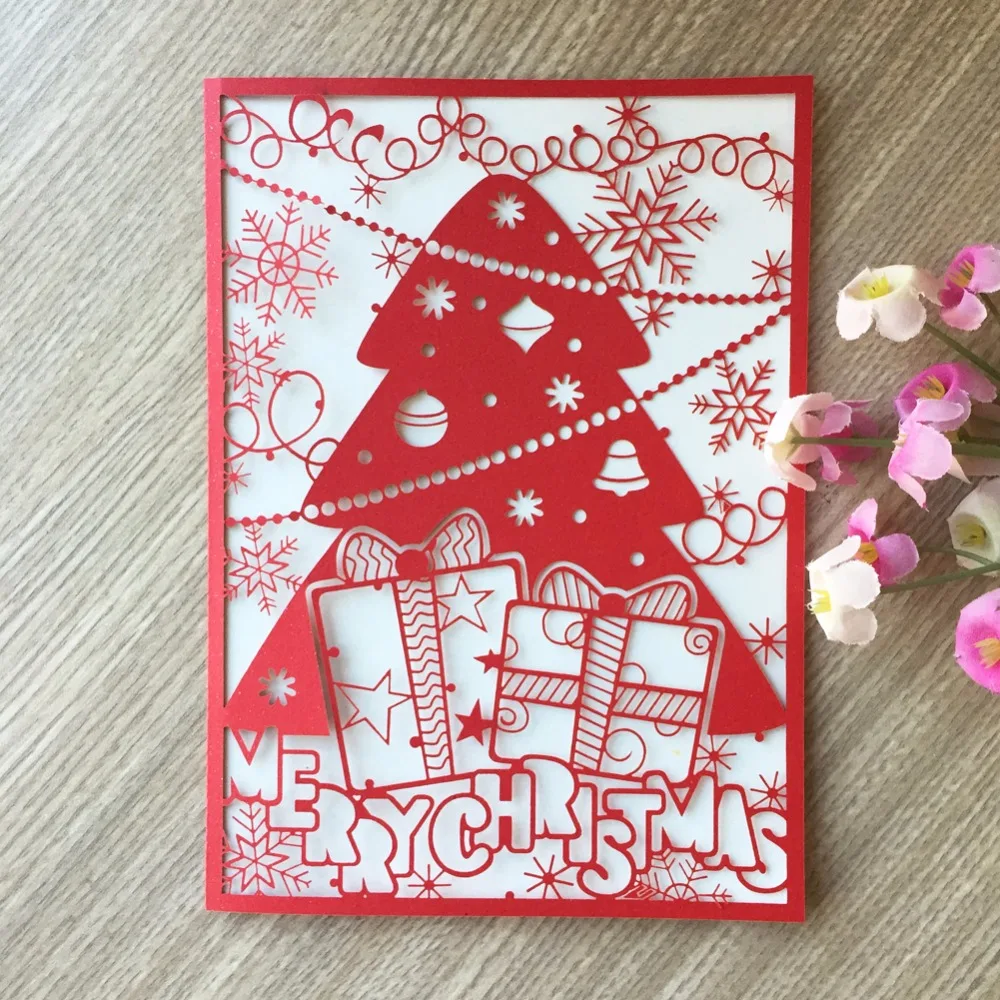 

Red Merry Christmas Tree Vintage laser cut pearl paper handmade custom greeting cards Christmas gifts souvenirs postcards 30pcs