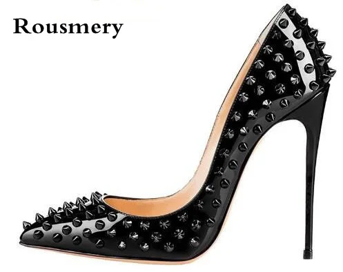 

New Shoes Spike Heels Black Patent Leather Stiletto Pumps Shoes Rivets Studs Lady Thin High Heels Shoes Party Dress Shoes Woman