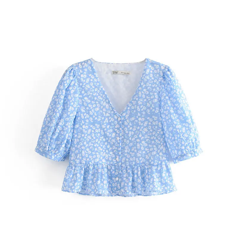 Рубашка с треугольным вырезом и цветочным принтом в европейском американском стиле WF40 1157| |