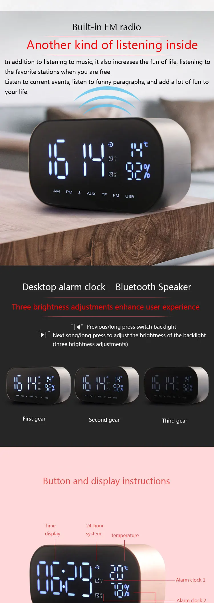 YAyusi bluetooth-динамик для душа мини портативный компьютер колонки с будильником дисплей fm радио спальня динамик
