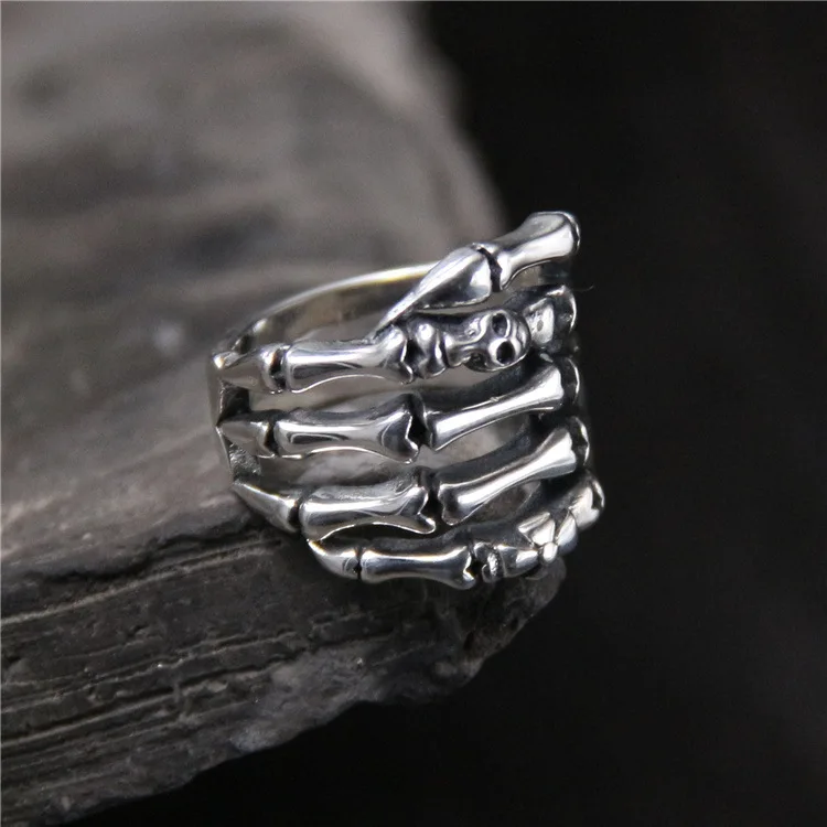 

S925 Sterling Silver Retro Thai Silver Multilayer Ring Men's Fashion Jewelry Rock Vintage Style Skeleton Personality Skull Ring