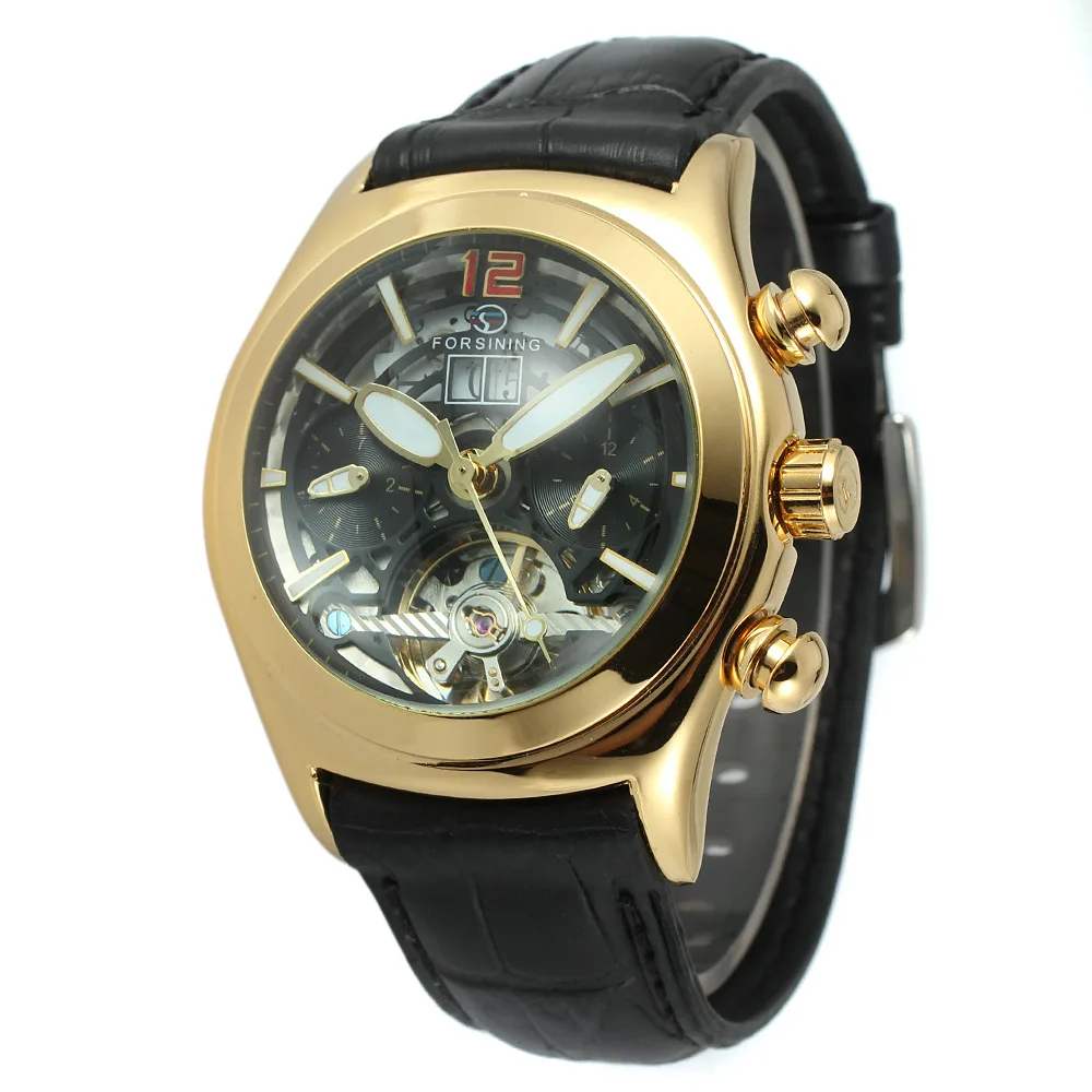 FORSINING Новая легенда турбийон серия 3D Cristal De Diseno De Cuero Genuino Correa мужские Relojes