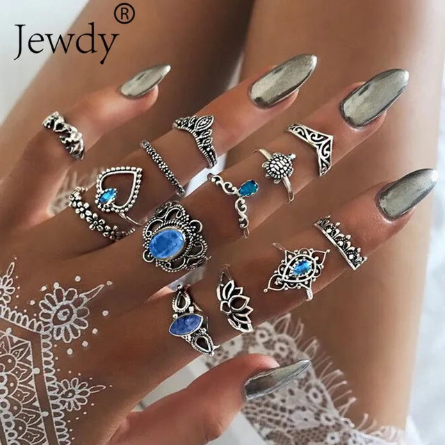 0737 50 стилей Boho Панк для женщин полые треугольные капли воды стрелка солнце драгоценный камень кристалл набор серебряных колец личность девушка ювелирные аксессуары - Цвет основного камня: 0737