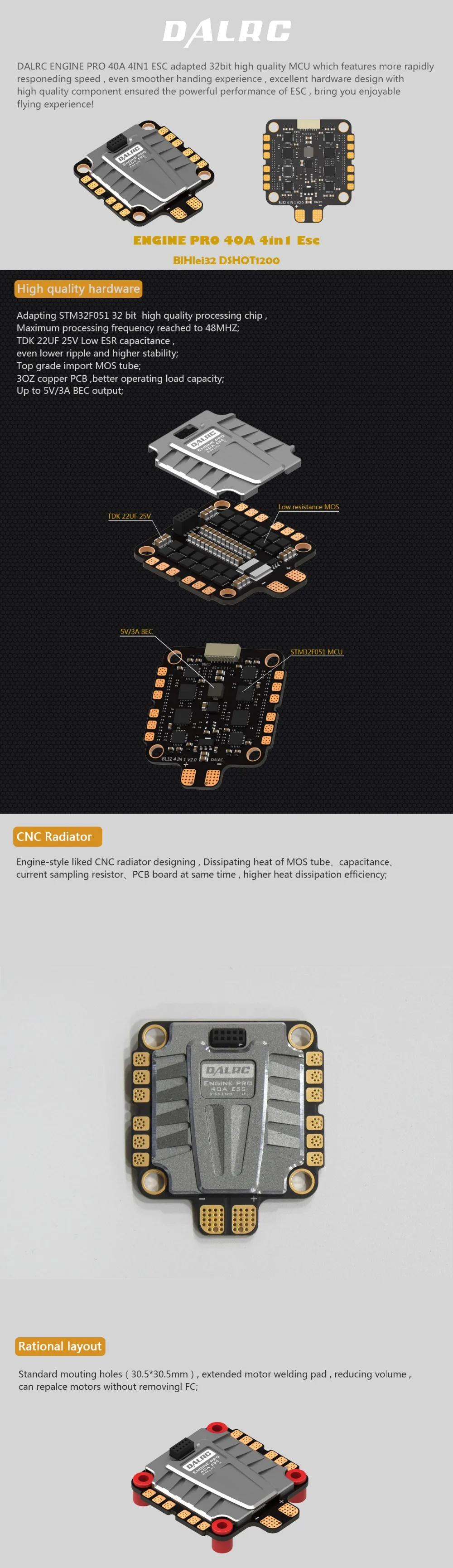 DALRC 4в1 ENGING PRO 40A ESC 3-5S Blheli_32 4 в 1 ESC Бесщеточный DSHOT1200 готов w/5 V BEC обновленная версия 40A для FPV RC Drone