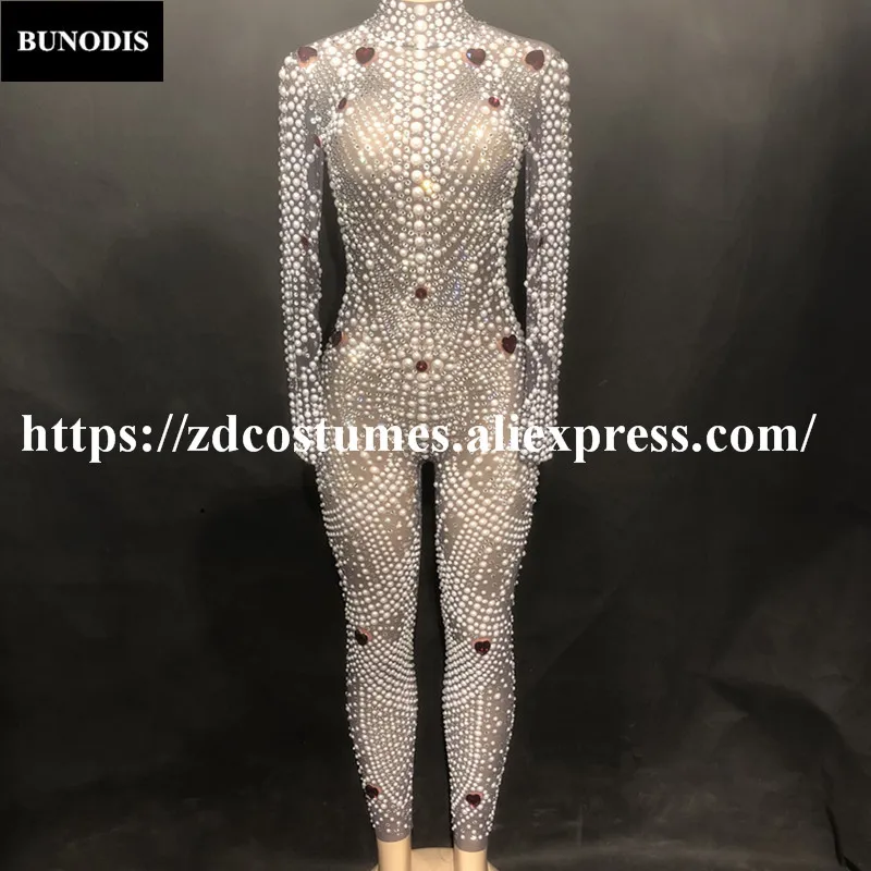 

ZD26802 Hot Sell Net Yarn Series Women Sexy Black Jumpsuit Sparkling Crystals Pearls Bling Bodysuit Nightclub Party Stage Wear