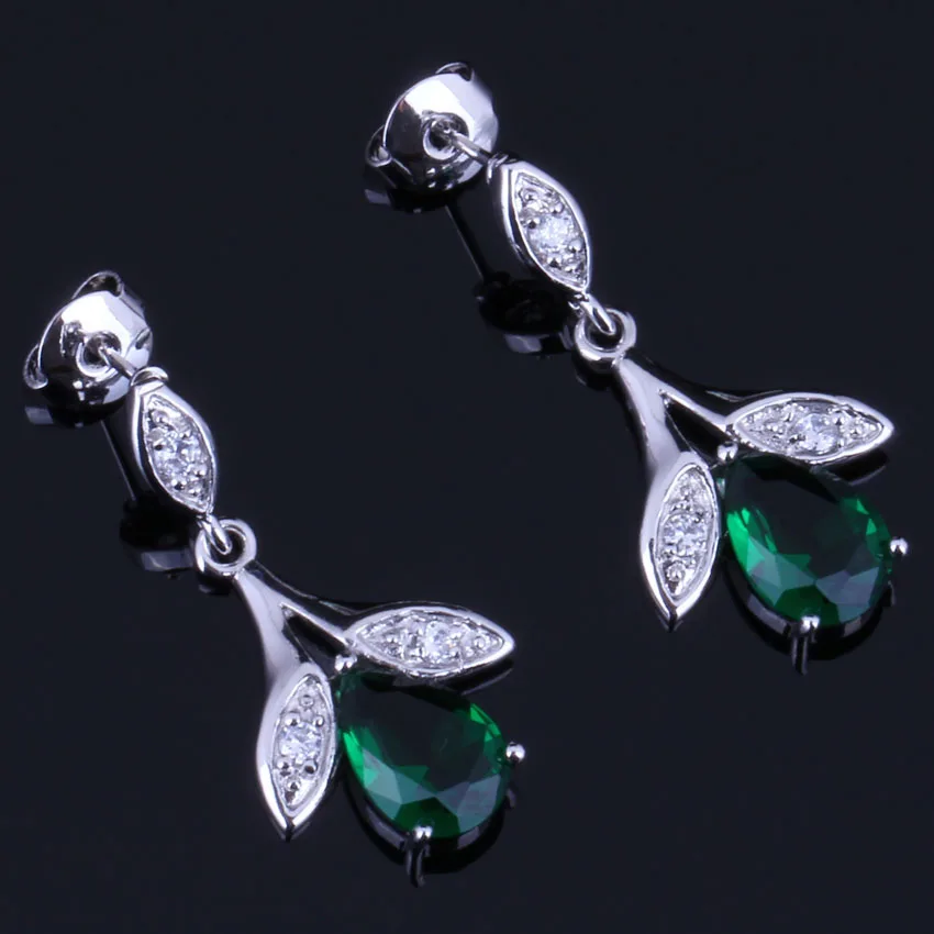 

Sublime Plant Green Cubic Zirconia White CZ Silver Plated Drop Dangle Earrings V0726