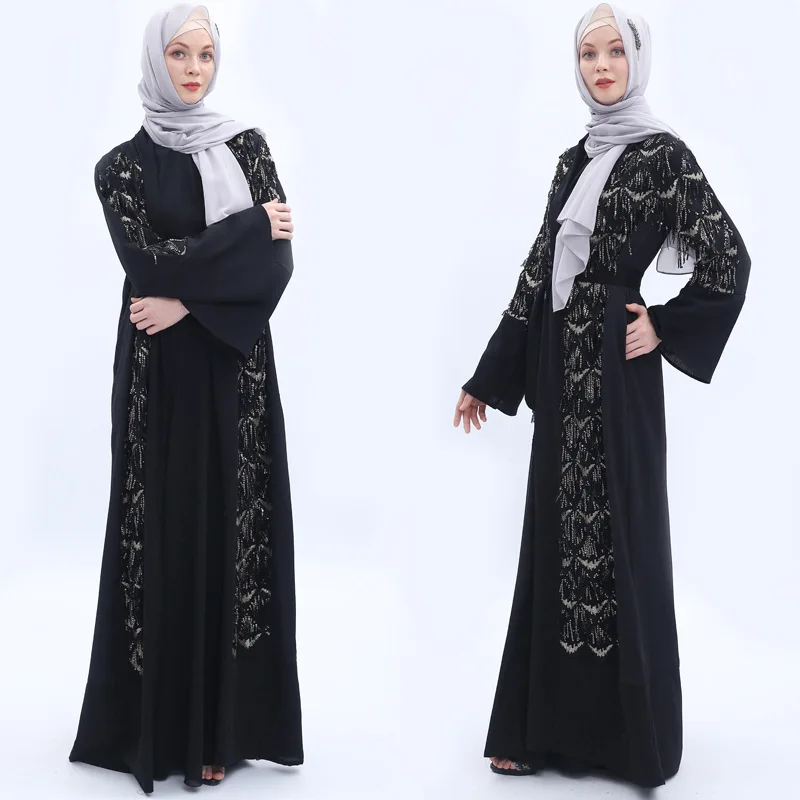 

Factory sequined beading tassel cardigan Muslim Robe syari female Dubai full open Muslim abaya Arab Worship Service abaya wq2072