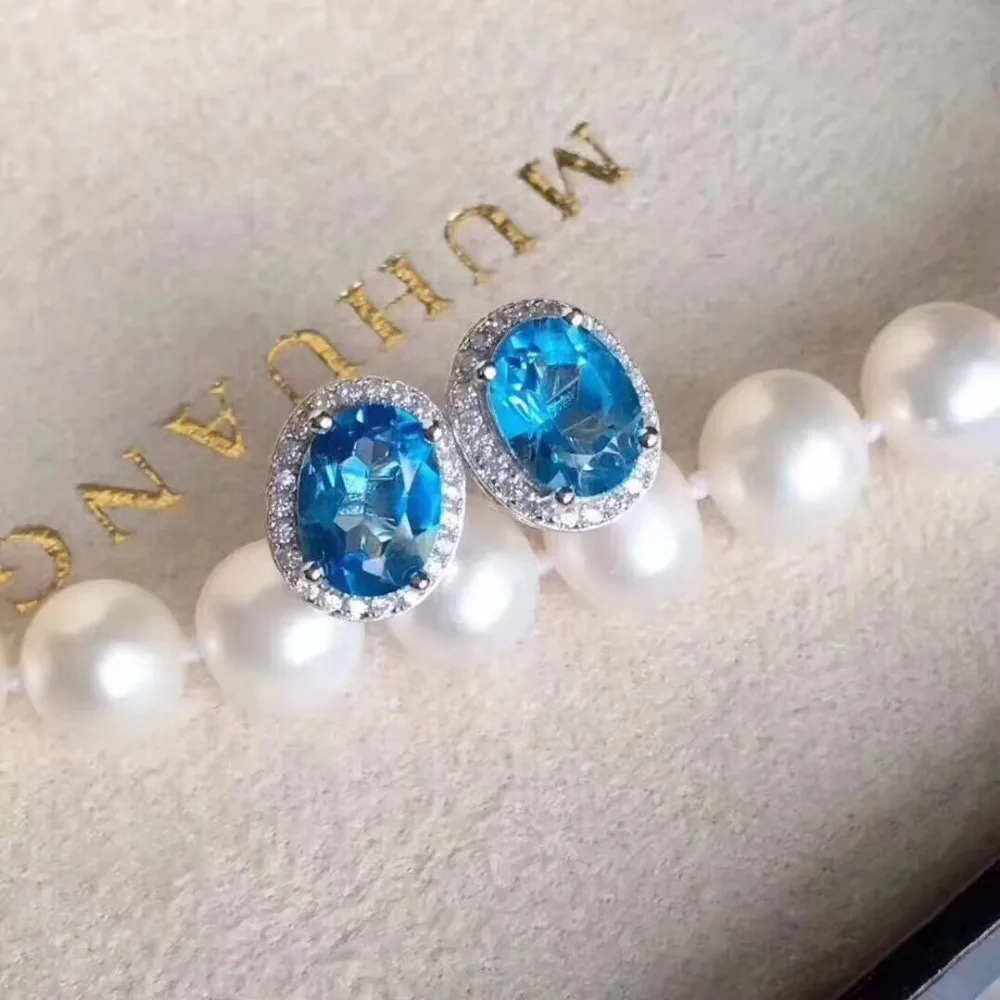 

natural blue topaz gem stud earrings 925 silver Natural gemstone earring women fashion elegant Simple round Earrings jewelry