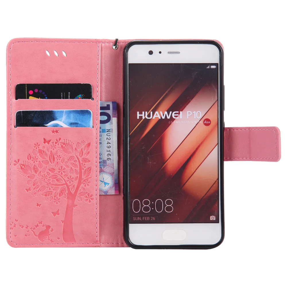 Для Huawei P10 чехол люкс Бумажник кожаный для откидная крышка дерево кошка Дизайн