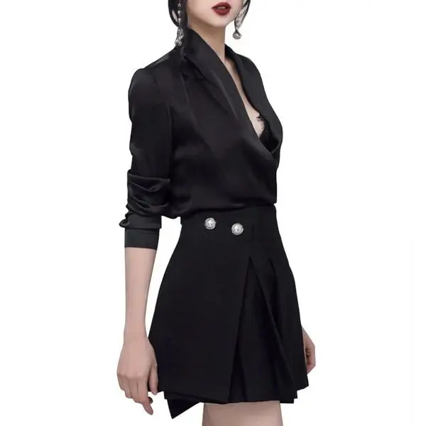 

Newest Spring Fashion Designer 2 Piece Set Women Sexy Deep V Neck Black Long shirt tops + Button Mini Skirt Suits