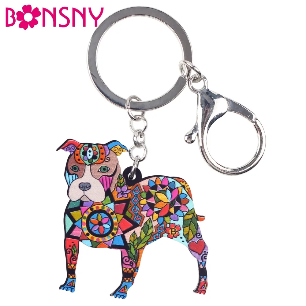 

Bonsny Acrylic Dog Jewelry Boston Terrier Pit Bull Key Chain Key Ring Pom Gift For Women Girl Bag Charm Keychain Pendant Jewelry