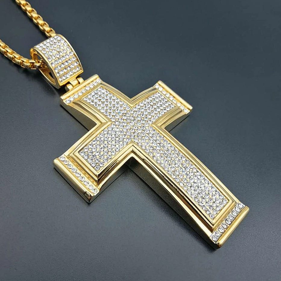Хип-хоп Iced Out подвеска с большим крестом ожерелье для мужчин золотой цвет из нержавеющей стали горный хрусталь ожерелье хип-хоп христианские ювелирные изделия