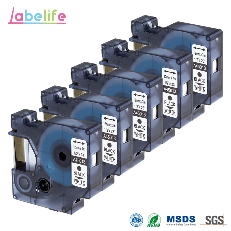 Labelife 5 шт. 45013 для DYMO D1 этикетка лента 12 мм черный на белый ламинированный лента этикеток для DYM0 LabelManager принтера 160 280 210