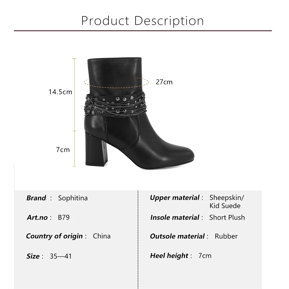 

SOPHITINA Black Genuine Leather Ankle Boot Metal Chain Square Heels Handmade Shoes Warm Office Lady Solid Retro Woman Boots B79