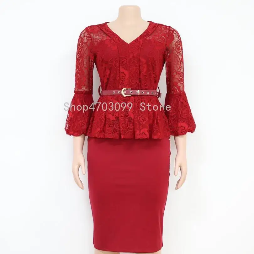 Африканское платье для женщин дамское элегантное кружевное миди бордовое