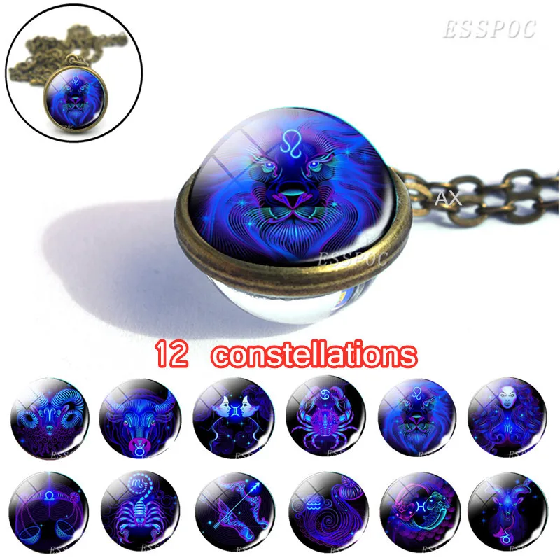 

12 Constellation Necklace Glass Ball Pendant Necklace Constellation Leo Libra Scorpio Sweater Chain Jewelry For Men Women Gifts