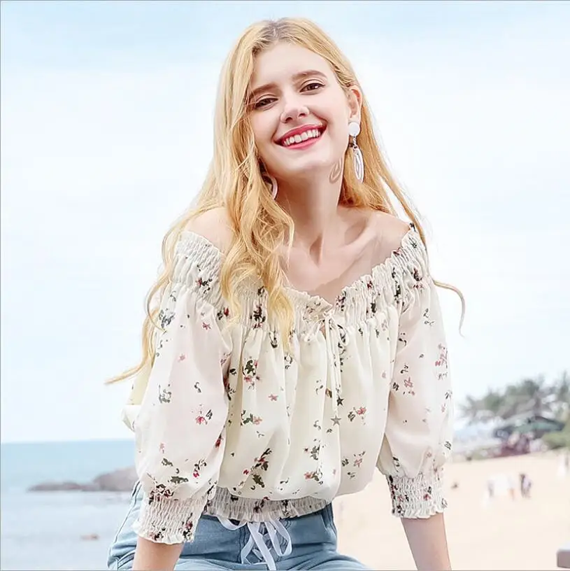 

2019 summer new boutique women's fashion Slash neck five-point sleeve shirt temperament Lap top chiffon shirt