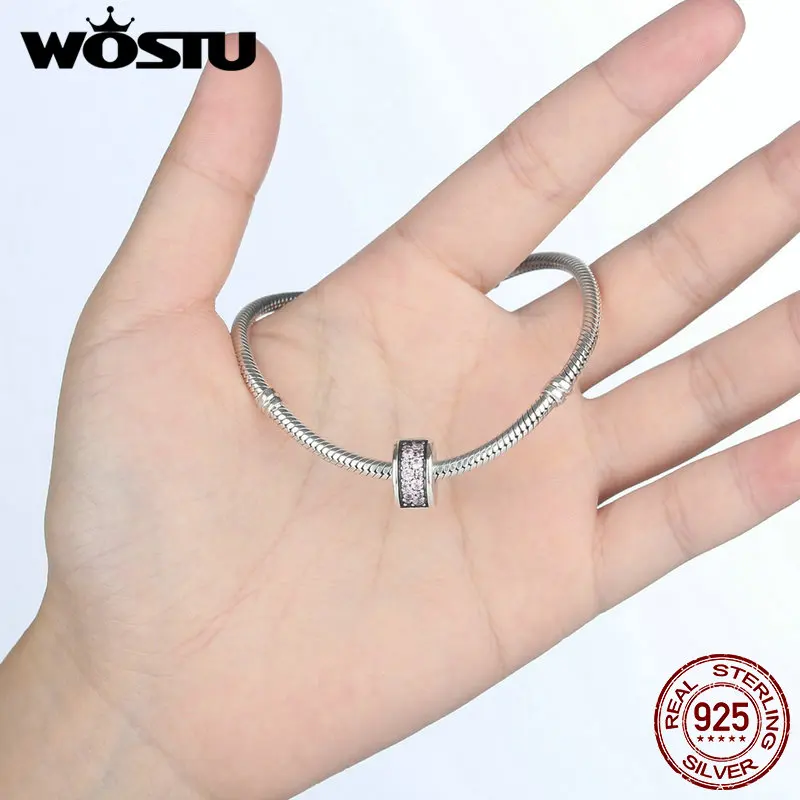 WOSTU 100% 925 пробы Серебряный элегантная блестящая клипса Шарм с розовым CZ Fit