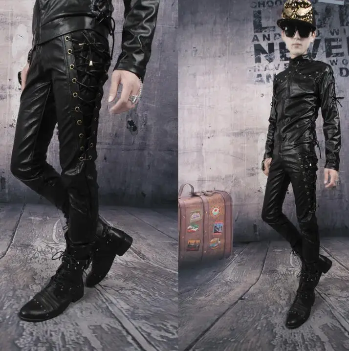 Autumn winter stage personality fashion motorcycle leather pants mens feet pants straps pu trousers for men pantalon homme black