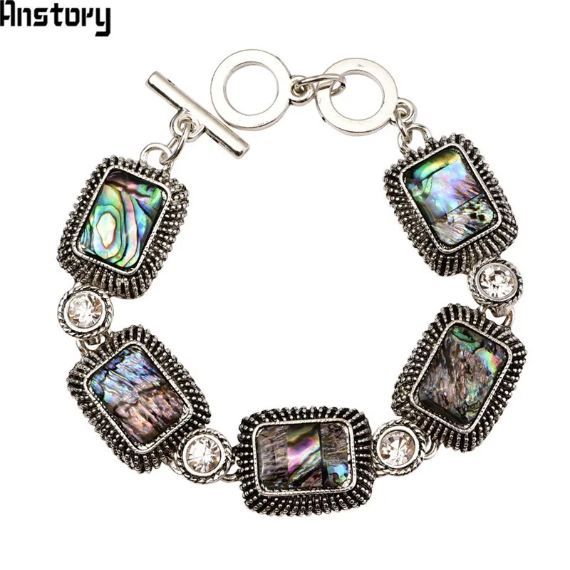 Oblong Shell Crystal Bracelet For Women Vintage Antique Silver Plated Flower Fashion Jewelry TB318 | Украшения и аксессуары