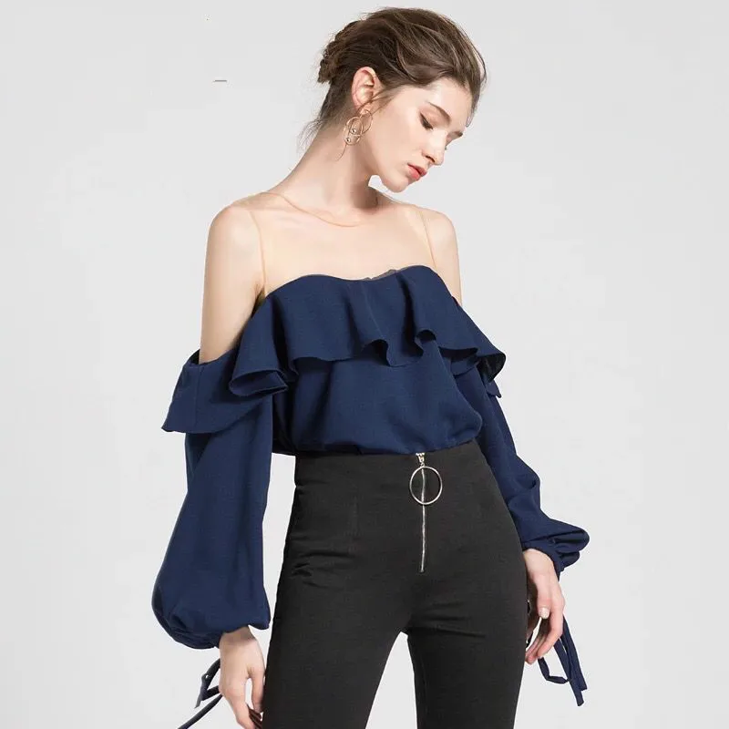 

Runway Women Blouse Sexy See Through Voile Patchwork Ruffles Lantern Sleeve Blusa 2018 Summer Top Female Shirt Lady Camisa New