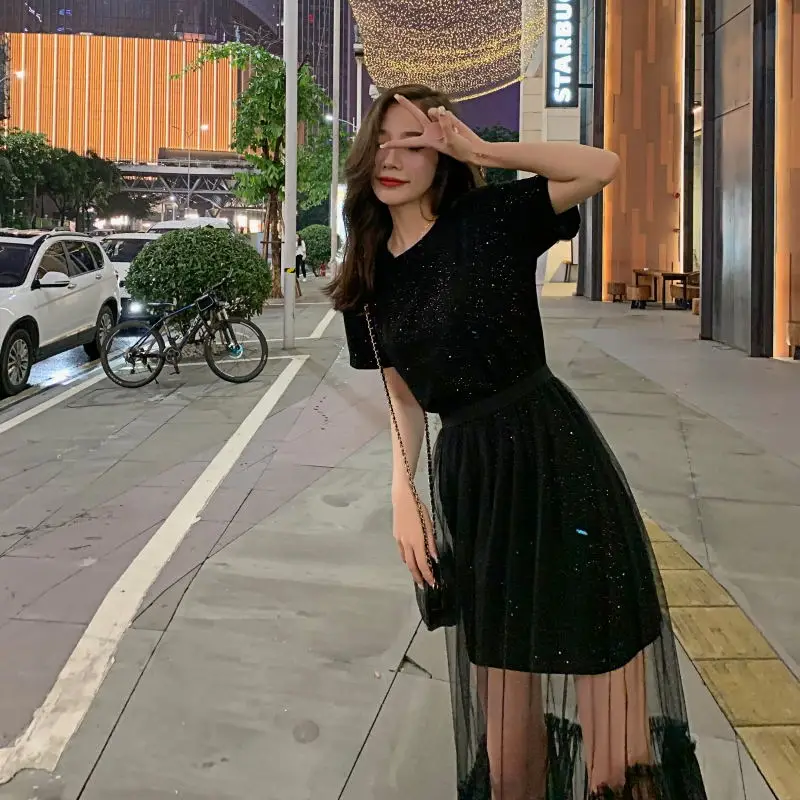 2019 летние женские корейские платья сексуальные с круглым вырезом и коротким