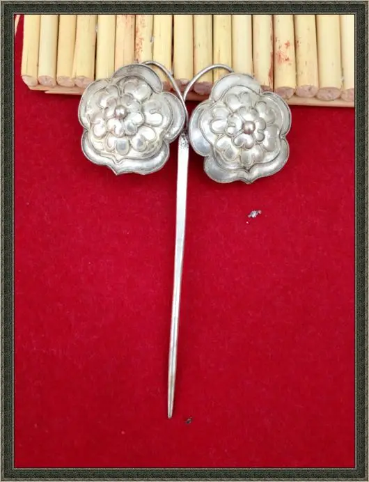 Женская серебряная палочка для волос Miao с резьбой и искусственным рисунком