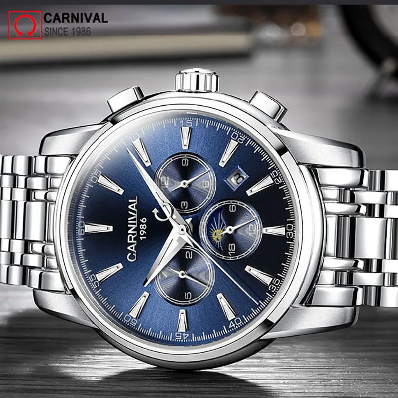 Часы Carnival Moon Phase Мужские механические автоматические светящиеся