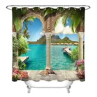 Занавеска для душа с гор и морем через арку, Ландшафтная ванная комната в европейском стиле, водонепроницаемая полиэфирная ткань для декора ванны