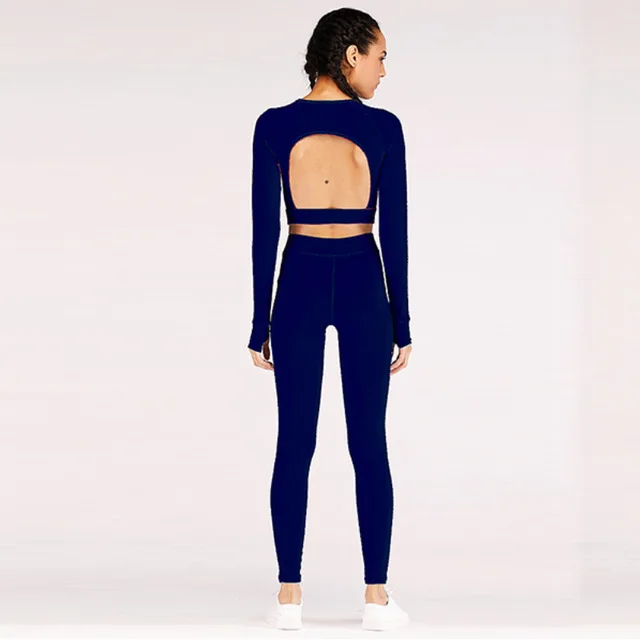 blue 1993 N открытая спина спортивная одежда эластичный фитнес йога одежда с длинным рукавом тренажерный зал тренировки танцы костюм Быстросохнущий тренировки бег набор для женщин - Цвет: blue 1993