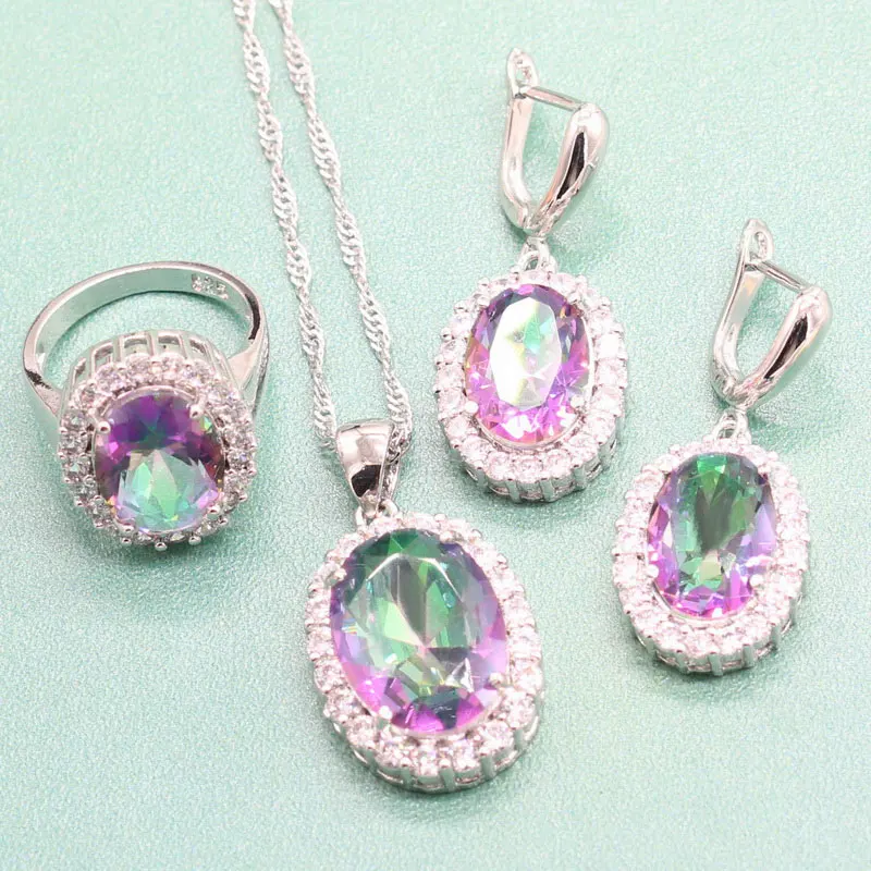 EIOLZJ Oval Multicolor Semi-precious Stone Sterling Silver 925 Jewelry Sets For Women Pendant Ring Earrings Free Box | Украшения и
