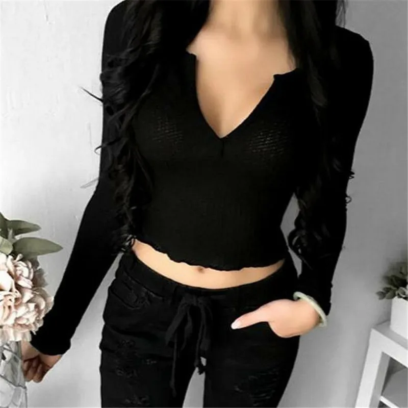 Сексуальная Женская футболка с v образным вырезом Новые однотонные тонкие топы