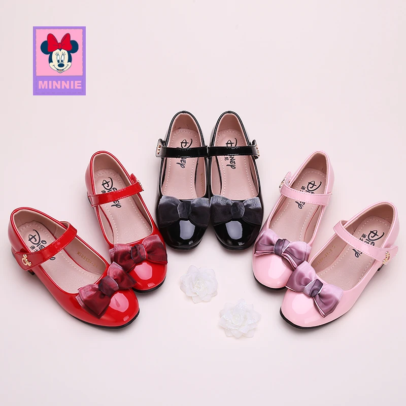 Disney Children's Leather Shoes for girls Minnie leather spring autumn comfortable breathable Bow Princess shoes Size 26-37 |