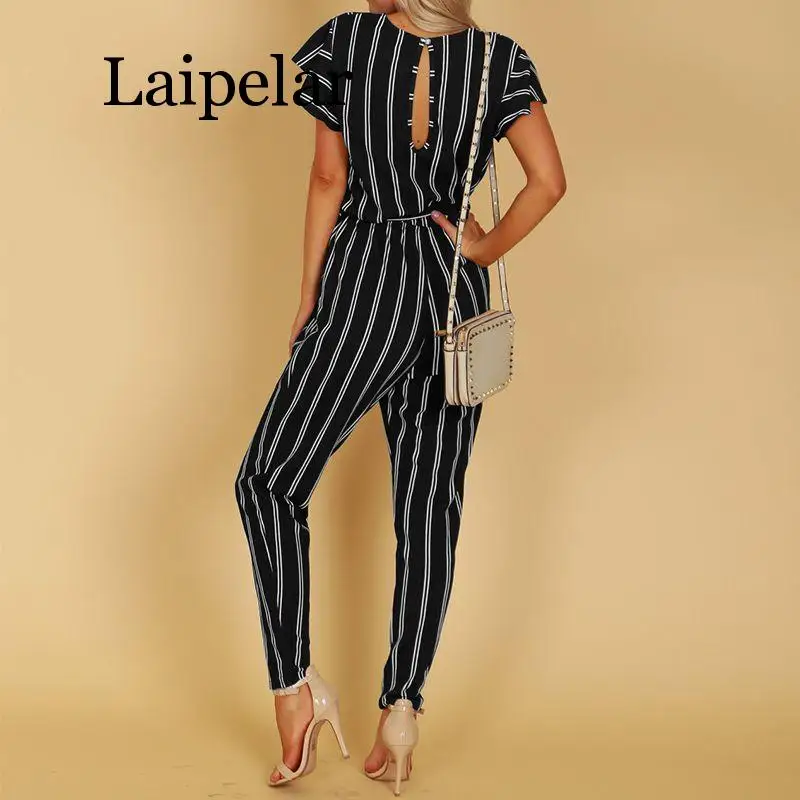 

Laipelar 2019 Summer Sexy Deep V Neck Party Jumpsuit Women High Waist Striped Overalls Short Sleeve Long Turnip Bodysuit