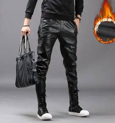 Autumn winter personality fashion motorcycle faux leather pants mens feet pants loose pu trousers for men pantalon homme casual