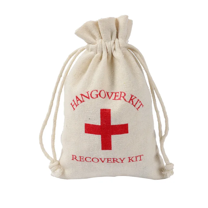 Набор из 10 мешочков хлопковой муслинной ткани с затяжкой для ювелирных изделий, аптечки и подарков "Кит от похмелья" размером 10х15 см для девичника.