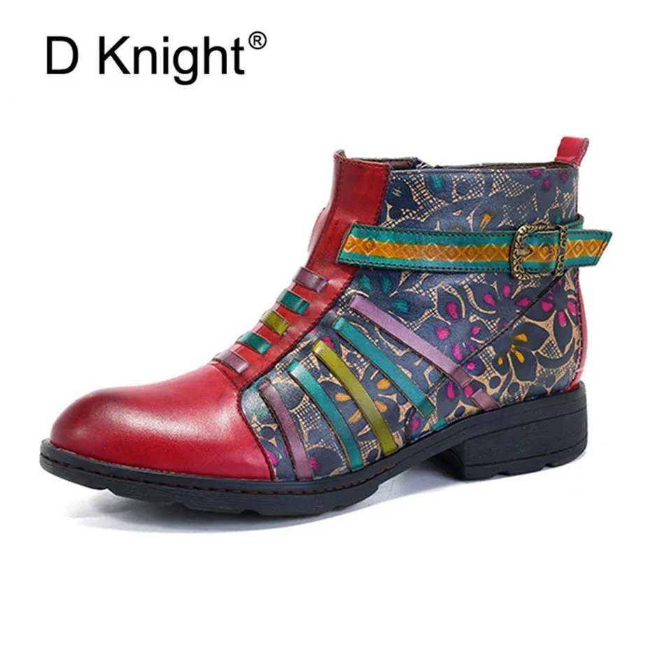 

D Knight New Genuine Leather Ankle Chelsea Boots Women Shoes Vintage Bohemian Autumn Zip Printed Stripe Shoes Woman Botas Mujer