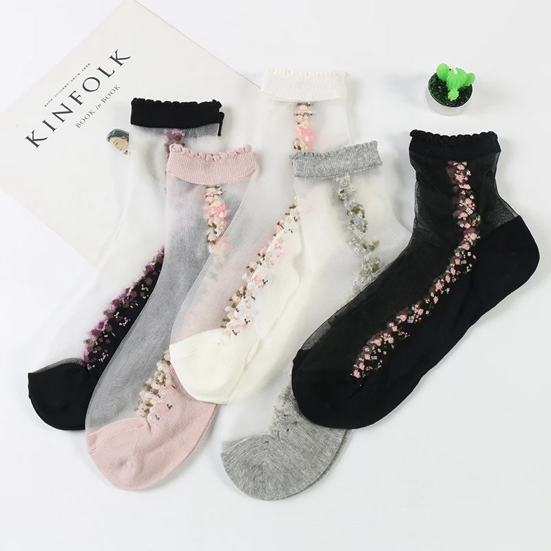 5 Pairs/Lot Femme Japanese Lace Small Floral Crystal Solid Color Crystal Silk Cool Socks Women Ladies Flowers Pink/White Meias
