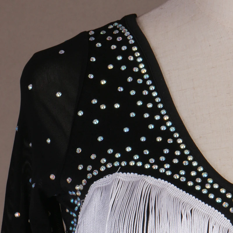 New Adult Latin Dance Dress Black And White Sparkly Crystals Tassel Rumba Female Dancer Stage Costumes DQL228 | Тематическая одежда