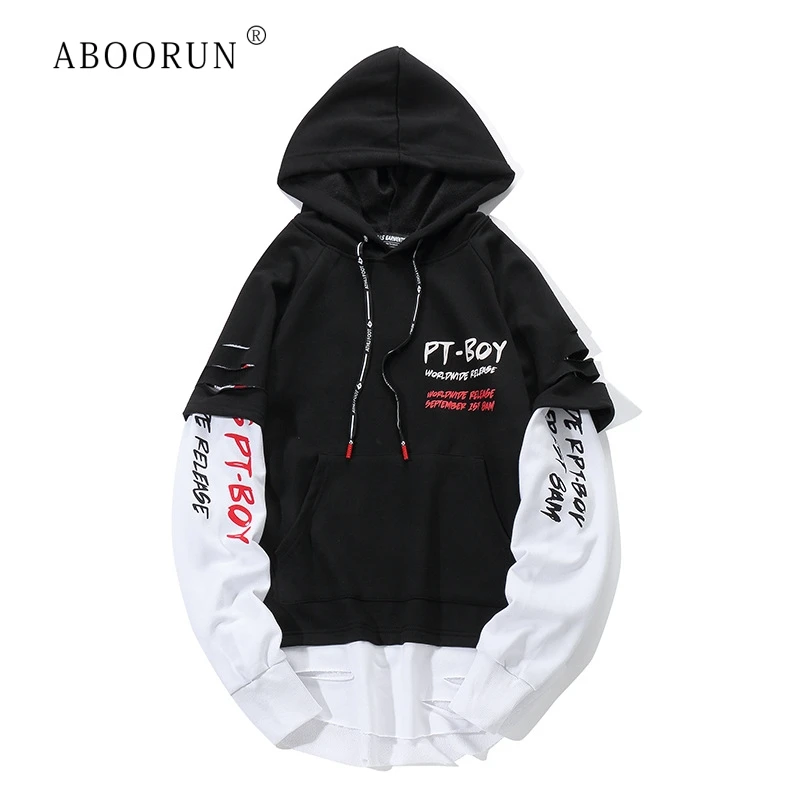 ABOORUN мужские толстовки в стиле хип-хоп модные удлиненные рваные толстовки с принтом поддельные два предмета облегающие толстовки для мужчин R1025