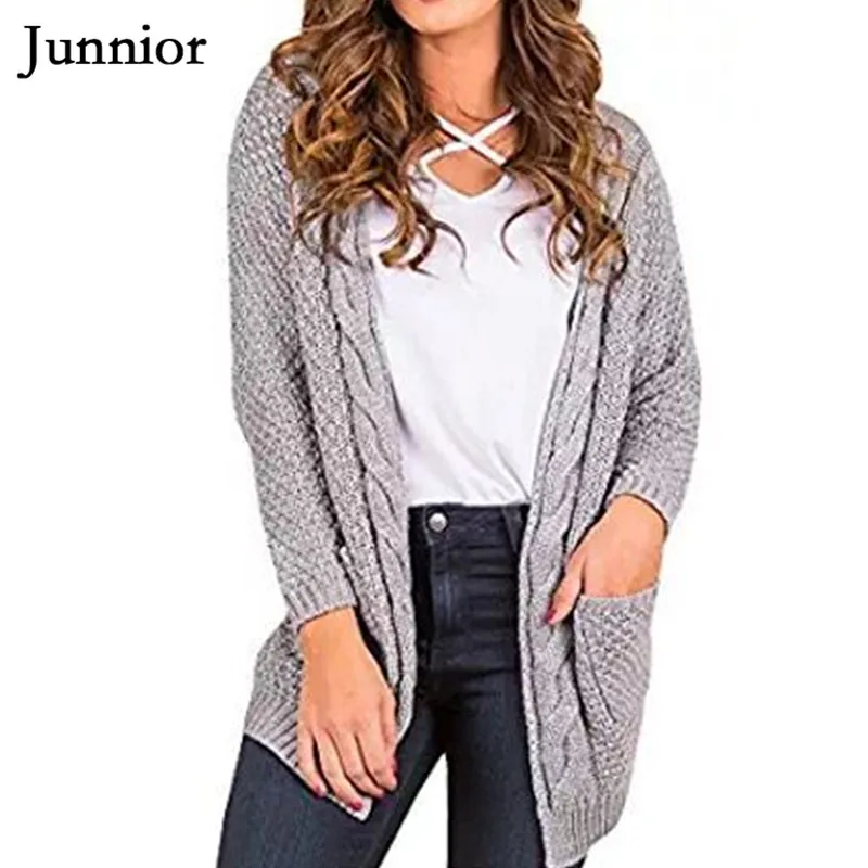 Loose Open Front Knit Sweater Women Long Sleeve Sweaters Solid Color Cardigans with Two Packets |