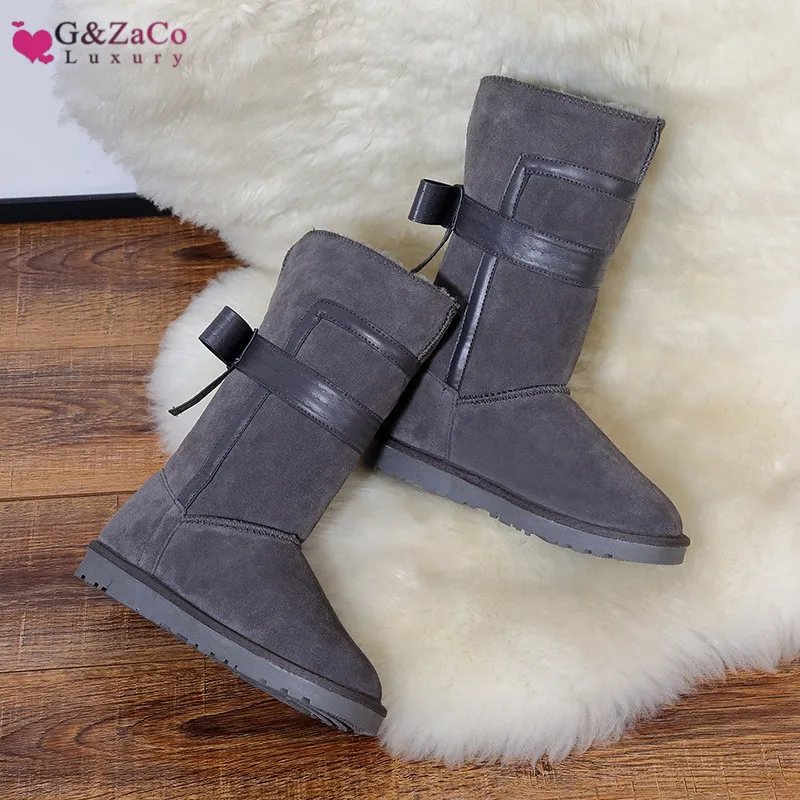 G& Zaco/зимние сапоги из овечьей шерсти; сапоги из натуральной замши; женские зимние сапоги до середины икры на плоской подошве с бантом и овечьим мехом; цвет серый, черный