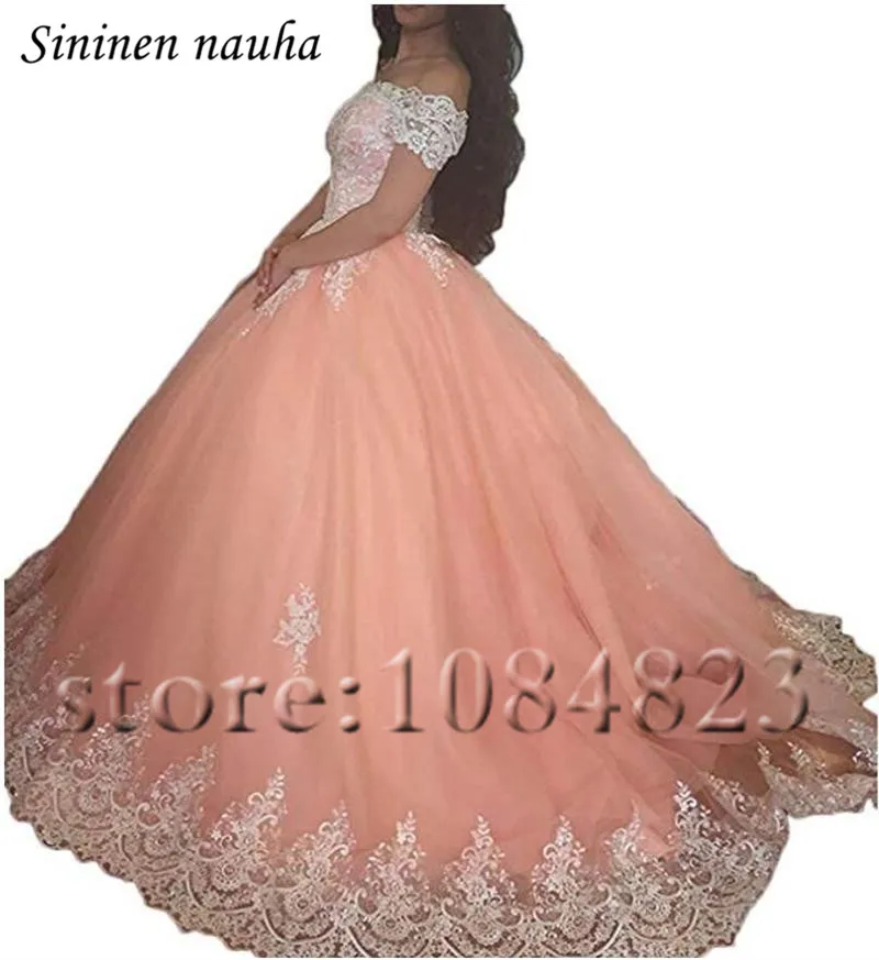 Платье Quinceanera 2019 с открытыми плечами и короткими рукавами Коралловое бальное