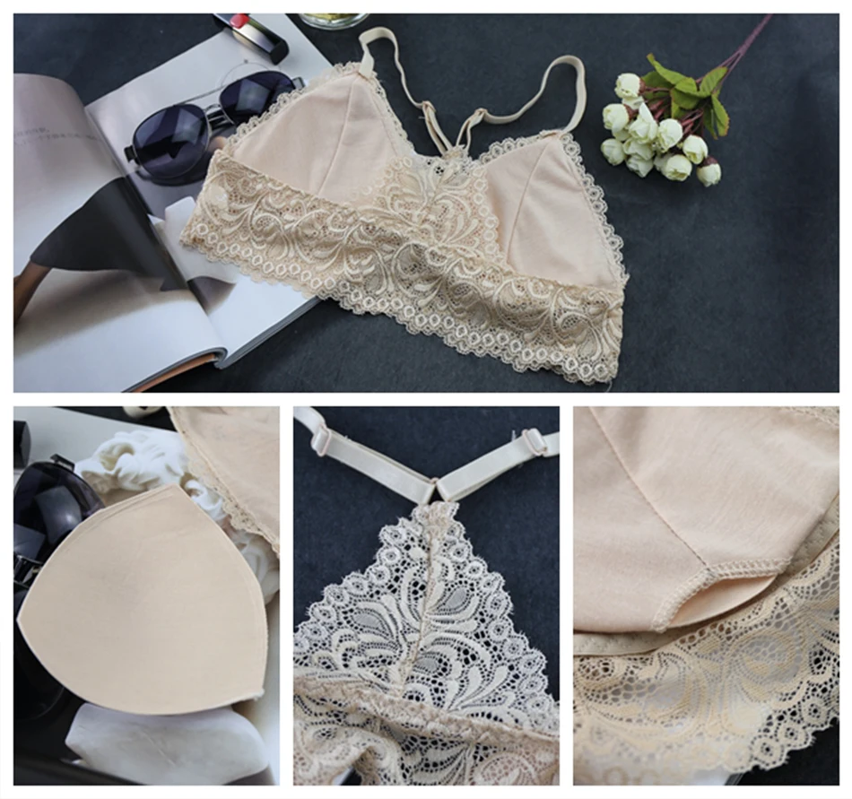 Blinvas Bra Wire Free Bras For Women Thin Cotton Lace A42 Black White Y-line Straps None Closure BH Sexy Bras For Women BH