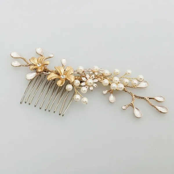 small comb Jonnafe дизайн Золотая ветка цветок расческа для волос с жемчужиной Свадебные украшения для волос аксессуары винтажные свадебные гребни головные уборы - Окраска металла: small comb