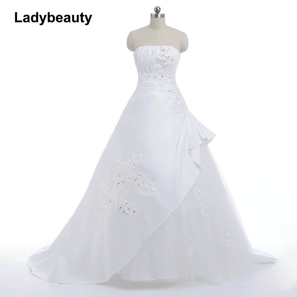 Женское атласное свадебное платье Ladybeauty белое с вышивкой и открытыми плечами