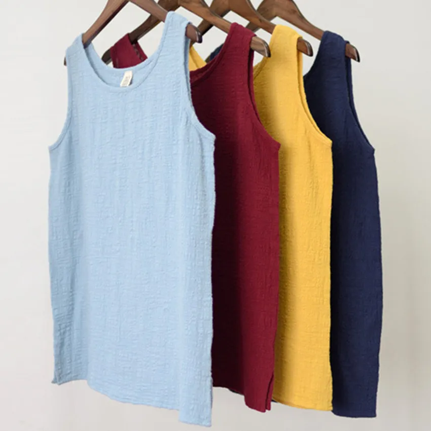 Женские хлопковые майки без рукавов однотонные свободные мягкие из хлопка и льна