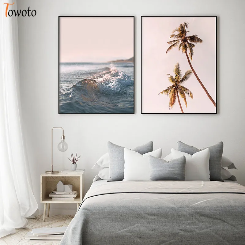 Пастельная розовая Картина на холсте пляжный постер печать пальмы океанская