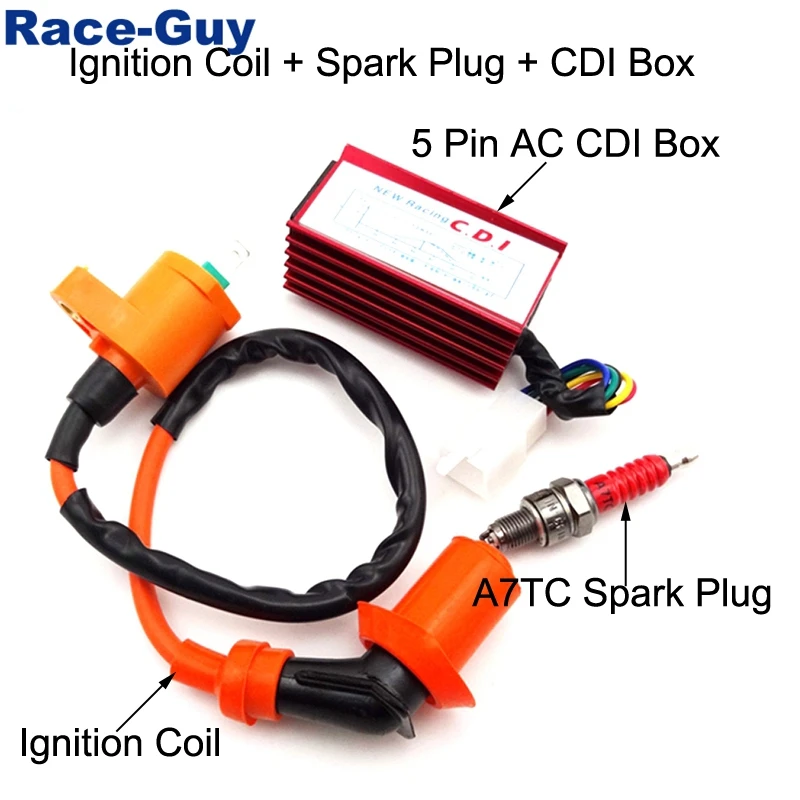 Гоночная катушка зажигания + Свеча A7TC 5 контактов AC CDI Box для 50cc 70cc 90cc 110cc 125cc 140cc 150cc