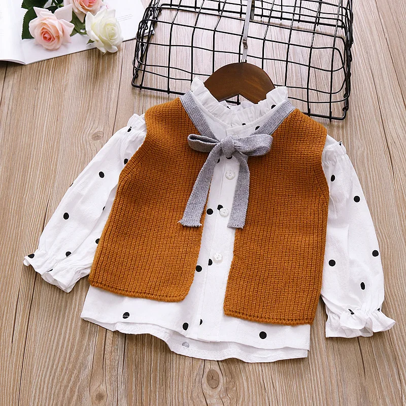 2018 Новый весна-осень для девочек хлопчатобумажная рубашка + жилет свитер
